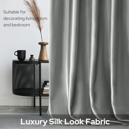 2 Panels Silver Grey Faux Silk Curtains Gray Blackout Curtains for Bedroom 52 X 96 Inch Room Darkening Satin Drapes/Curtains, Thermal Insulated Blackout Window Curtains for Living Room